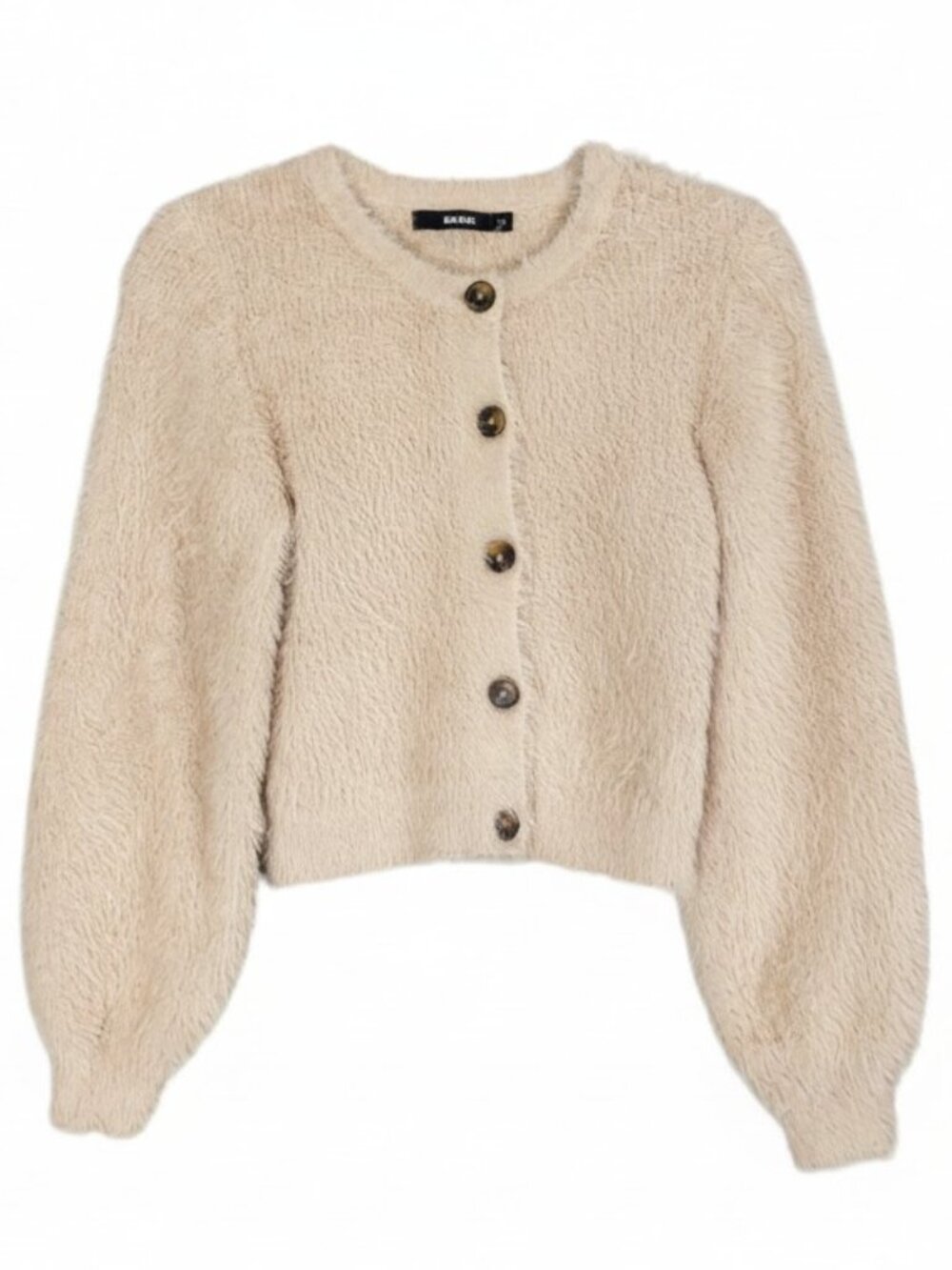 Bik Bok Fuzzy Button-Up Cardigan Neutral Cropped Balloon Sleeve Eyelash Y2K-XS